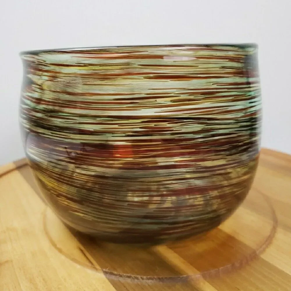 David Kolasky Signed Studio Blown Art Glass Vase Brown & Multi Swirls Bowl